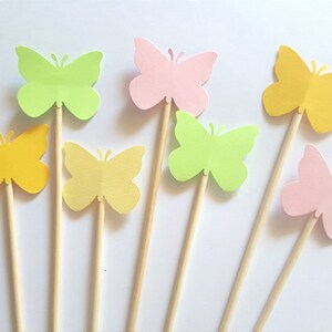 Set of 24Pcs -  Pastel MIX Butterfly on 6" or 8"   Skewer or Stir Stick - Birthday, Baby Showers, Wedding, Fruit Skewer, Donut Hole,