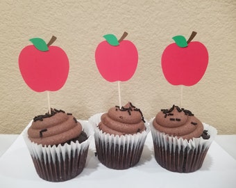 Set of 12 Pcs -Apple Cupcake Toppers, Apple Theme, Apple Birthday Party 6" OR 8" Skewer/Stir Stick, Donut Holes