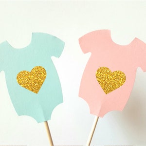 Set of 12 Pcs -Onesie Gender Reveal  Cupcake Toppers, Baby shower,  boy or Girl, Pink or Blue
