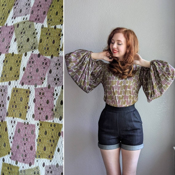 1960s Green and Purple Bishop Sleeve Blouse | Harl