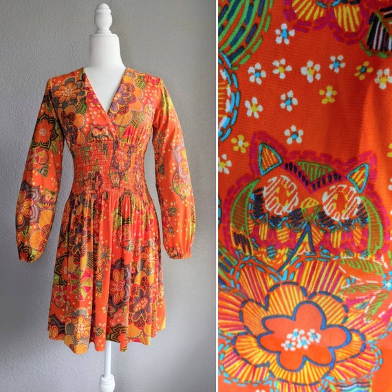 Owl Print 1960s/1970s Long Sleeve Dress | 1970s Fl