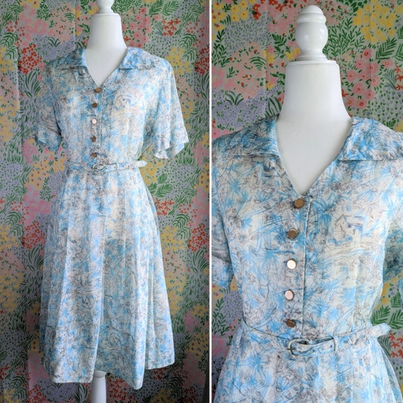 Novelty Mill House Print Nelly Don Blue Shirt Dres