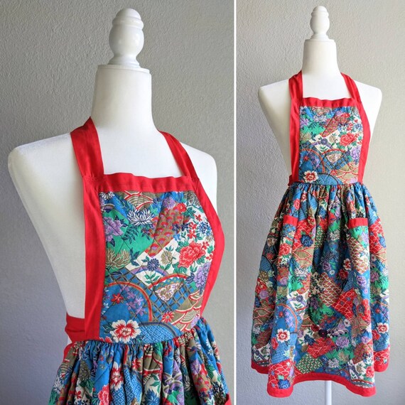 Quilted Floral Full Apron | Vintage Red and Floral