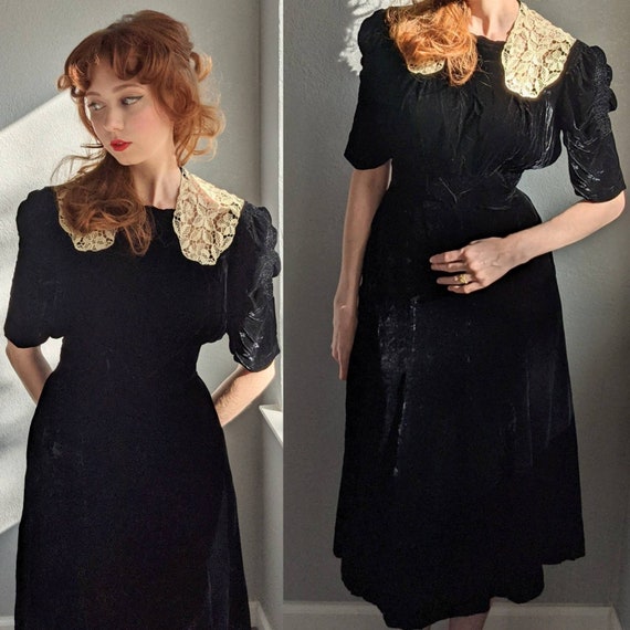 Late 1930s/Early 1940s Puff Sleeve Black Velvet Dr