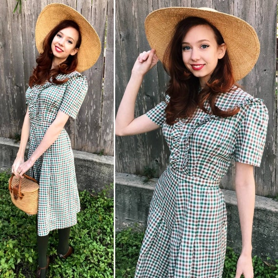 Late 1930s Green Gingham Cotton Dress | 1930s/1940