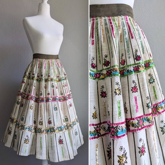 1950s Maya De Mexico Circle Skirt | Green Sequined