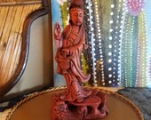 Vintage Asian Woman Hand Carved Wooden Sculpture Folk Art Chinese Dragon Stand