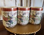 Set of 3 Vintage Satsuma Floral Peacock Tea Cups Sake Cups