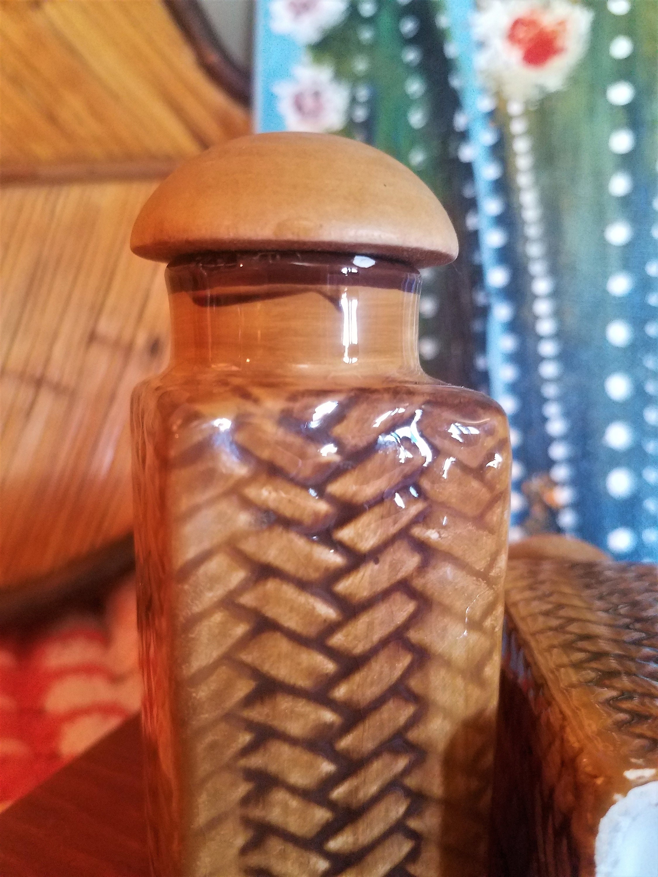 Vintage Faux Wicker/Rattan Jars with Wood Tops Tiki Decor/Boho Etsy