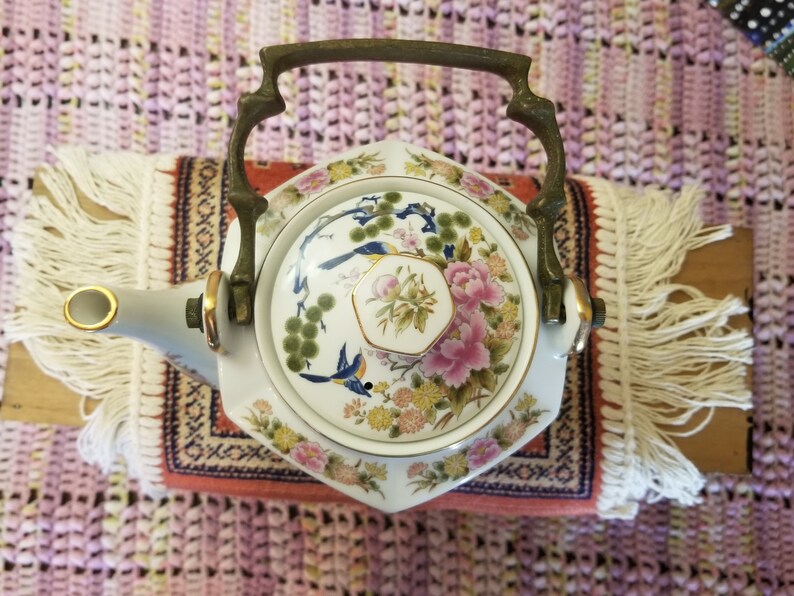 Vintage Homco Teapot Colorful Birds and Flowers with Brass Handle