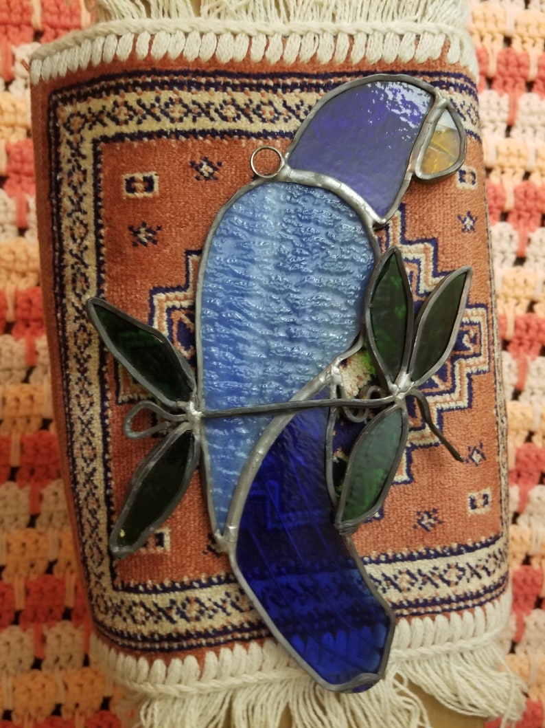 Vintage Stained Glass Blue Parrot Suncatcher