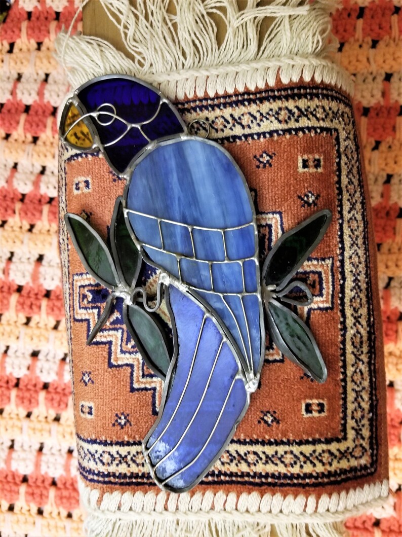 Vintage Stained Glass Blue Parrot Suncatcher