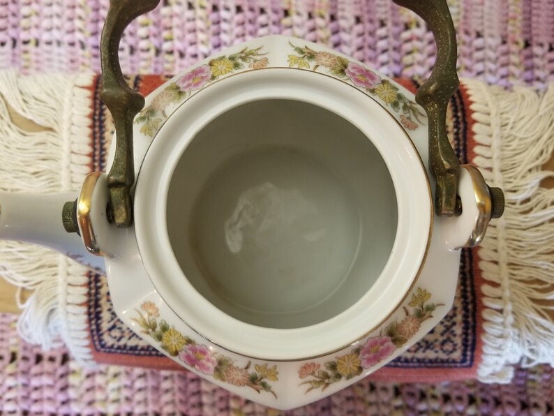 Vintage Homco Teapot Colorful Birds and Flowers with Brass Handle