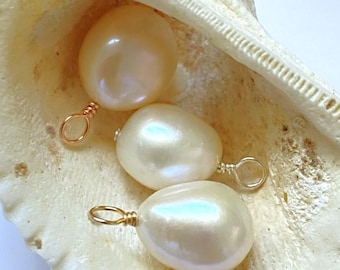 AAA Extra Large White Baroque Pearl Charms in 14K Gold Filled, Rose Gold Filled, Sterling Silver, for Ear Hoops and Necklace