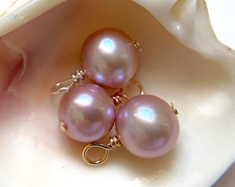 Berloques redondos AAA de pérola rosa, para brincos e colares, banhados a ouro 14K, ouro rosa ou prata esterlina