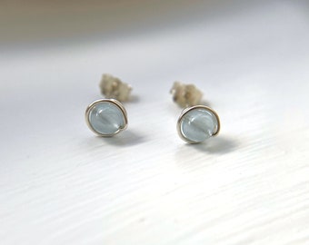 Tiny Aquamarine Stud Earrings in 14K Gold Filled or Sterling Silver, Girls Aquamarine Studs, Aquamarine Earrings