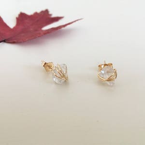 14K Gold Filled Clear Quartz Crystal Chip Stud Earrings, Clear Quartz Studs in Gold Filled Wire