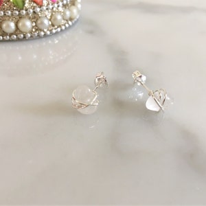 Sterling Silver Moonstone Crystal Stud Earrings, Tumbled Moonstone Crystal Chip Studs in Sterling Silver, Wire Wrap Moonstone Earrings