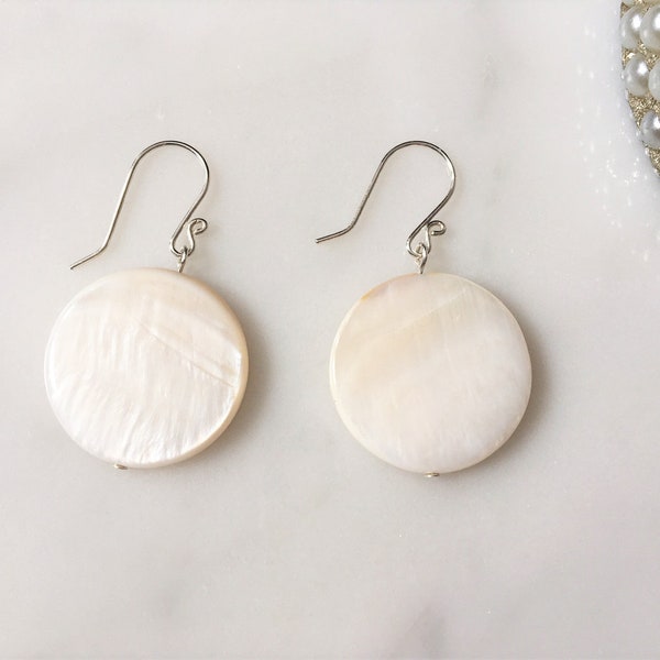Oversized Natural Sea Shell Button Drop Earrings in Sterling Silver or 14K Gold Filled, Natural Sea Shell Earrings, Sea Shell Drop Earrings