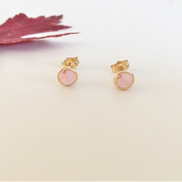 Tiny Rose Quartz Stud Earrings in 14K Gold Filled or Sterling Silver, Girls Rose Quartz Studs, Wire Wrap Rose Quartz Studs, 4 mm