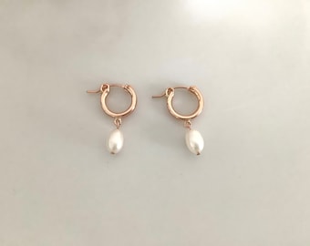 Rose Gold Filled Hoops With AAA+ Fresh Water Pearls, Pearl Drop Earrings, Rose Gold Pearl Hoops, White Pearl Earrings, Wedding Earrings