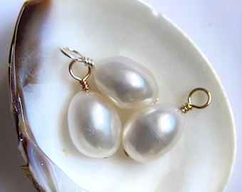 AAA+ Large White Baroque Pearl Charms in 14K Gold Filled, Rose Gold Filled, or Sterling Silver, Baroque Pearl Charms for Hoops and Necklace
