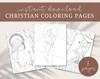 May include: A set of Christian coloring pages with line art illustrations. The images depict religious figures and scenes. The words "instant download" and "Christian Coloring Pages" are displayed at the top. The words "8 pages" are displayed at the bottom.