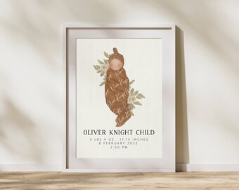 May include: A framed print featuring a watercolor illustration of a swaddled baby in a brown wrap and hat, surrounded by floral accents. The print includes the text "OLIVER KNIGHT CHILD" and details: 5 lbs 4 oz, 17.75 inches, 8 February 2022, 2:50 PM.
