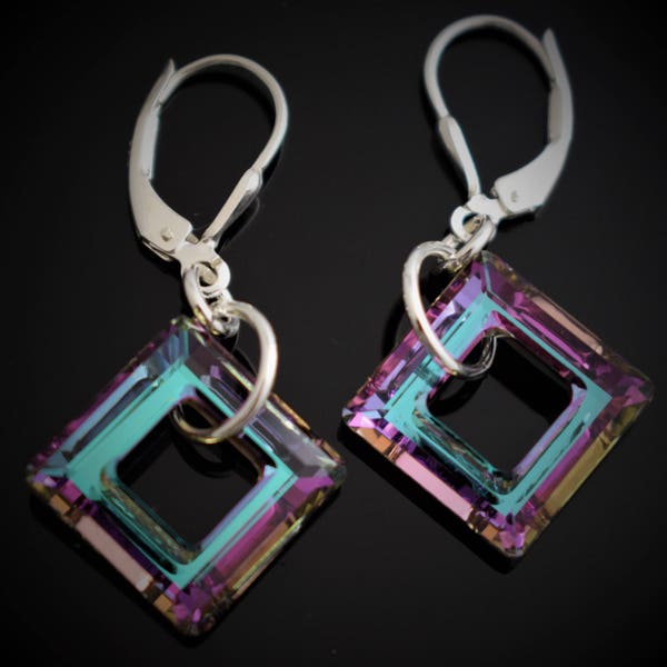 Earrings Made with 14mm Swarovski Crystal Element Cosmic Square Ring. Vitrail Light Colored. Sterling Silver Lever-back