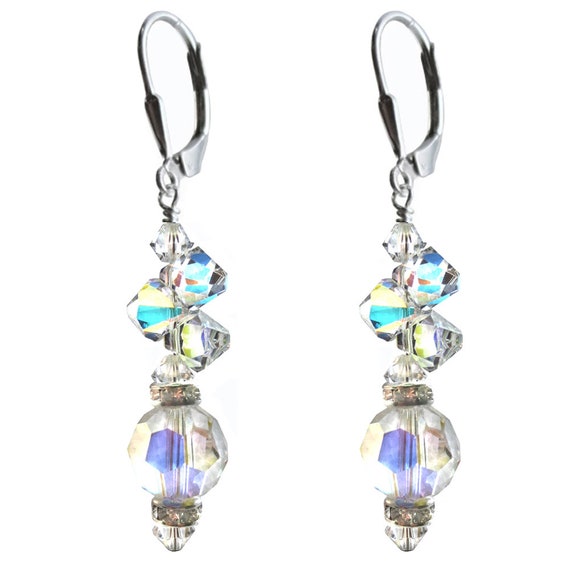 Sterling Silver Drop Earrings made with Swarovski Crystal Elements Clear AB Aurora Borealis