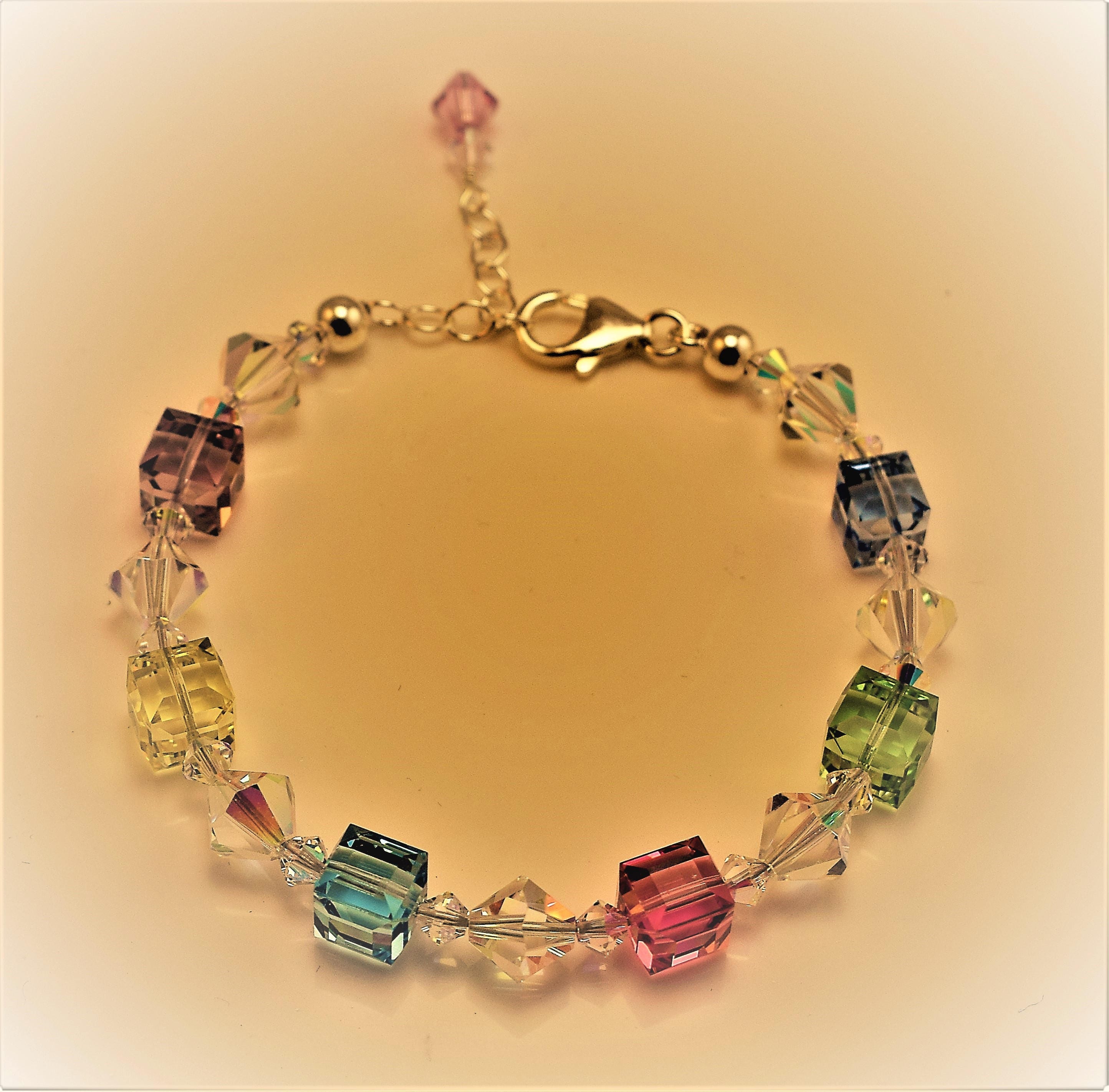 Pastel Multi color Bracelet made with Swarovski Crystal Elements. 8mm cubes and bicones. 7 8 and 9 Inches