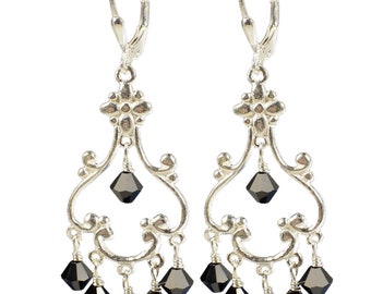 Sterling Silver Dangle Earrings make with Swarovski Crystal Elements - Jet Black