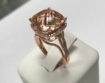 5.1 Carat Morganite with 0.65 Natural Diamond in 14K Solid Rose Gold Engagement Ring.