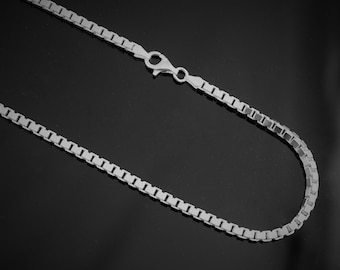 Sterling Silver Box Chain 3mm Thick Solid Necklace. 18,20,22,24 Inches Available