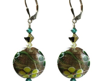 Lamp Work Blown Glass Earrings Made with Swarovski Crystal Elements. Sterling Silver Lever-back