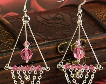 Sterling Silver Drop Earrings made with Swarovski Crystal Elements - Color Pink