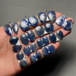 May include: Thirteen blue sapphire gemstones in diverse shapes, including oval, pear, and round cuts. The sapphires are displayed against a neutral backdrop, highlighting their faceted surfaces and deep blue colour.