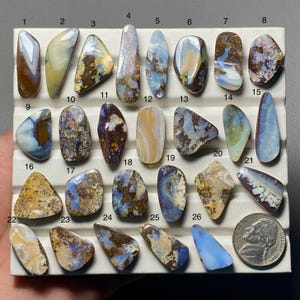 May include: A selection of polished opal gemstones in diverse shapes and colours, including brown, blue, yellow, and white. The opals are displayed on a white surface, with a coin for size reference.