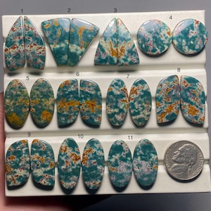 May include: A selection of eleven polished gemstone cabochons in diverse shapes, such as teardrop, triangle, and oval. The stones display a teal, orange, and cream colour scheme. A nickel coin is included for size reference.