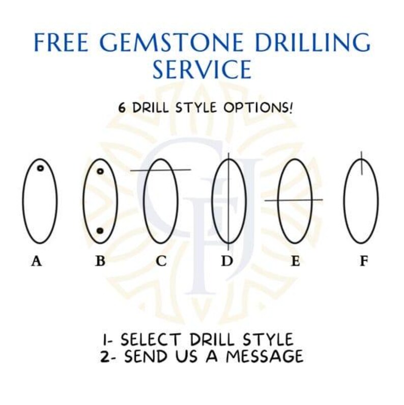 May include: White graphic with text "FREE GEMSTONE DRILLING SERVICE" and "6 DRILL STYLE OPTIONS!". Six oval shapes with different drill style options labeled A through F. Instructions: 1- SELECT DRILL STYLE, 2- SEND US A MESSAGE.