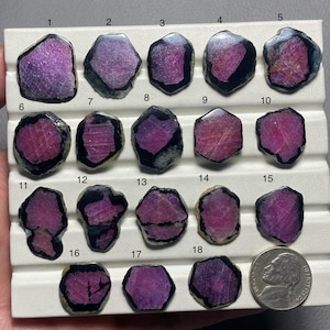 Puede incluir: Una colección de 18 piedras preciosas de rubí rosa y negro, cada una con una forma y un patrón únicos, exhibidas en una bandeja blanca con los números del 1 al 18.