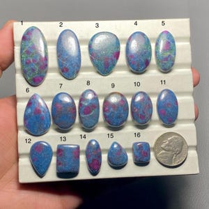 Könnte beinhalten: Sortiment von 16 blauen und rosafarbenen Rubin-Zoisit-Cabochons in verschiedenen Formen und Größen, auf einem weißen Tablett mit den Nummern 1 bis 16 angeordnet.