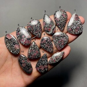 Peut inclure: Douze cabochons de pierres précieuses de différentes formes et tailles. Les pierres sont un mélange de noir et de blanc avec des reflets roses. Les pierres sont numérotées de 1 à 12.