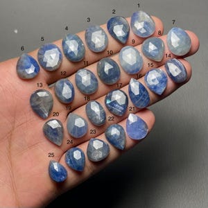 May include: A selection of twenty-five blue gemstones, each cut with multiple facets. The gemstones, in various shapes, are presented on a hand, highlighting their polished surfaces. Each stone is numbered for reference.