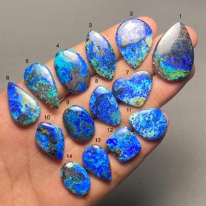 Peut inclure: Une collection de quatorze pierres précieuses d'azurite polies de formes variées, dont des gouttes, des ovales et un cœur. Les pierres présentent une couleur bleue vibrante avec des inclusions vertes et brunes. Les pierres sont tenues dans une main.