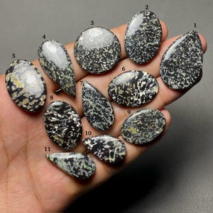 May include: Eleven polished black and metallic speckled gemstones in various shapes including teardrop, oval, and circular forms. Each stone is numbered from one to eleven, displaying a dark base with shimmering inclusions and reflective surfaces.