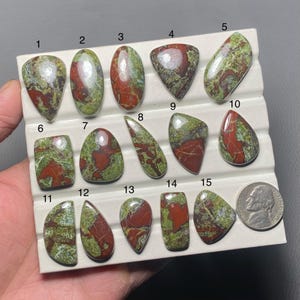 Könnte beinhalten: Fünfzehn polierte grüne und rote Jaspis-Cabochons, nummeriert von 1 bis 15, auf einer weißen Präsentationskarte angeordnet.