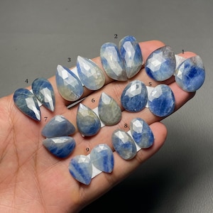 Puede incluir: Una colección de nueve piedras preciosas de zafiro azul en varias formas, incluyendo ovaladas, en forma de lágrima y facetadas. Los zafiros muestran una gama de tonos azules, de claros a oscuros, con algunas piedras que muestran una mezcla de colores. Las piedras preciosas se exhiben sobre un fondo neutro.