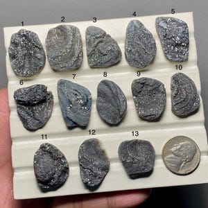 Può includere: Tredici cabochon di pietra preziosa grigi e argentati disposti in file su una superficie bianca. I cabochon sono di varie forme e dimensioni. Una moneta da 25 centesimi di dollaro americano è inclusa per la scala.