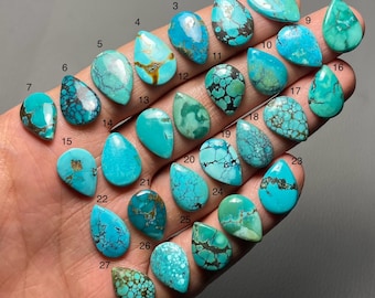 May include: A collection of twenty-seven turquoise gemstones in various shapes and sizes. The stones range in color from light to deep turquoise, with brown and black matrix patterns. The gemstones are displayed on a hand, showcasing their unique textures and colors.